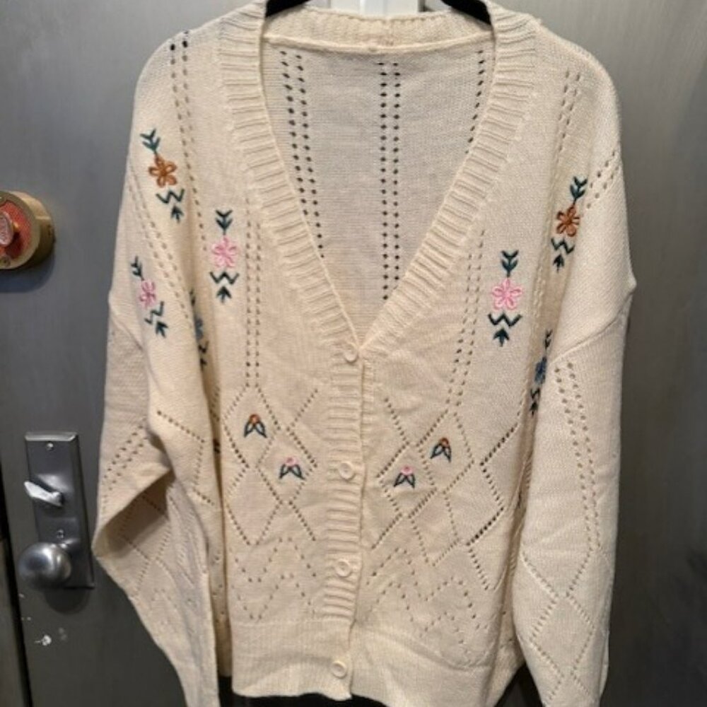 Vintage Inspired Mid Century Floral Embroidery Pointelle Knit Drop Shoulder Card